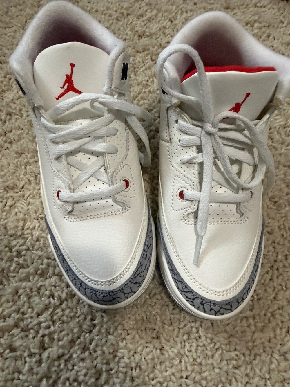 Jordan 3 Retro Kids White and Red Low-Top Sneakers with Gray Elephant Print